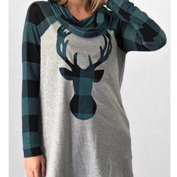 Green Plaid Deer Cowl Long Sleeve Top - Picture 2 of 4
